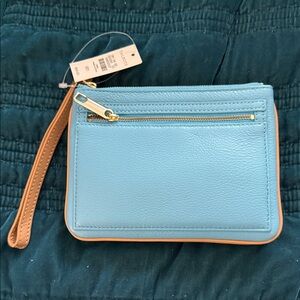Talbots Blue and Tan Leather Wristlet. NWT. Stunning Color.